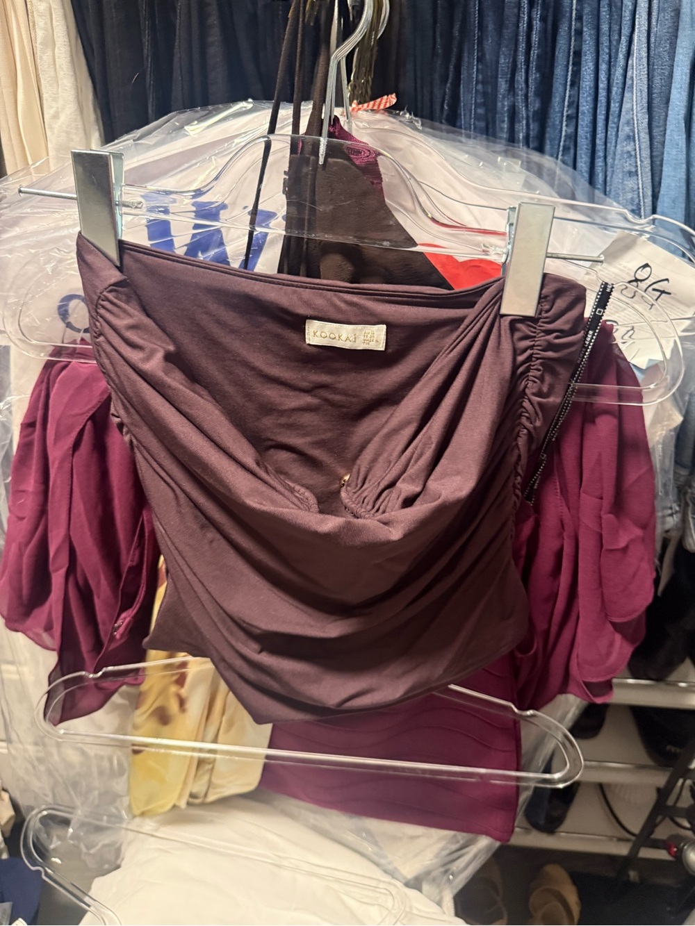 Kookai Plum Draped Strapless Top
